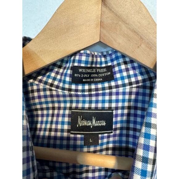 Neiman Marcus Mens Large Plaid Trim Fit Button Up Shirt Black White Purple Blue - Picture 6 of 12